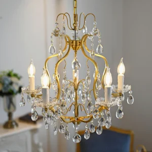 Elegant brass crystal chandelier illuminated in luxury living room interior with warm candlelight glow