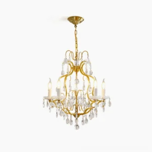 Brass scrolls crystal chandelier front view with five light heads and hanging crystal droplets on white background
