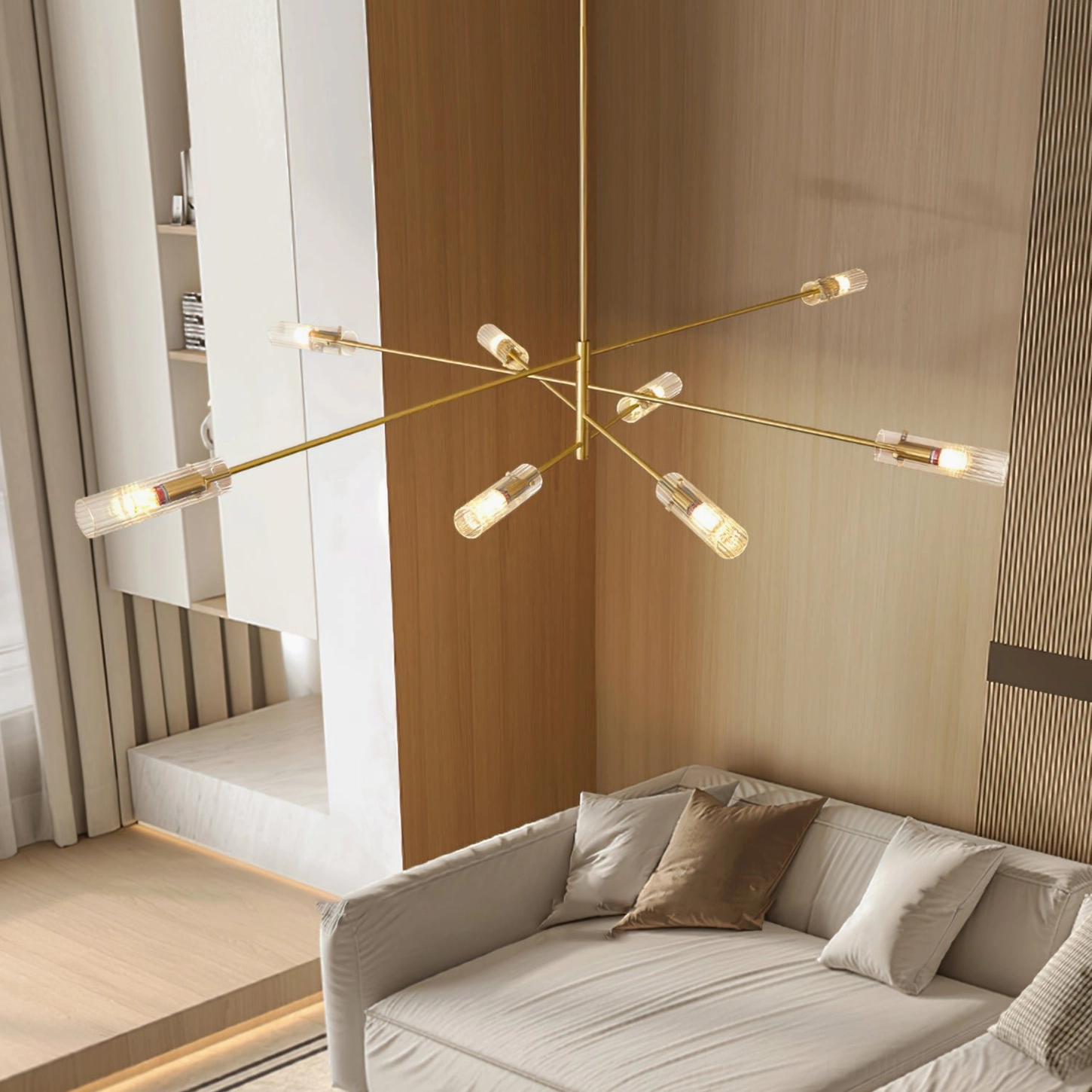 Brass gold sputnik chandelier installed in modern living room with beige sofa contemporary home