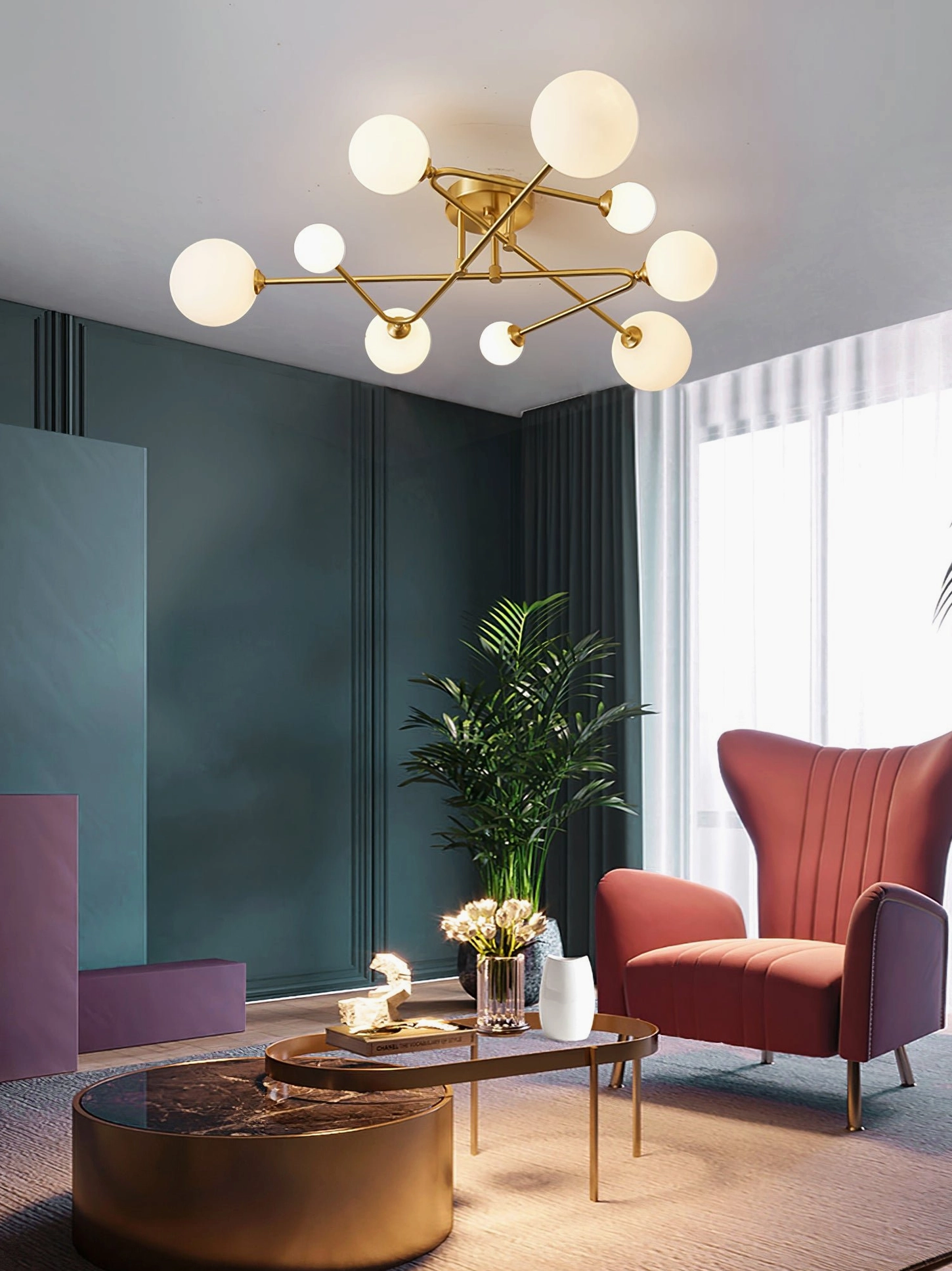 Brass sputnik ceiling light pendant showing geometric atomic age design aesthetic
