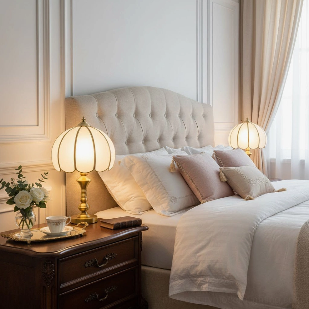 Brass table lamp on bedroom nightstand beside tufted bed, mid-century modern bedroom interior scene