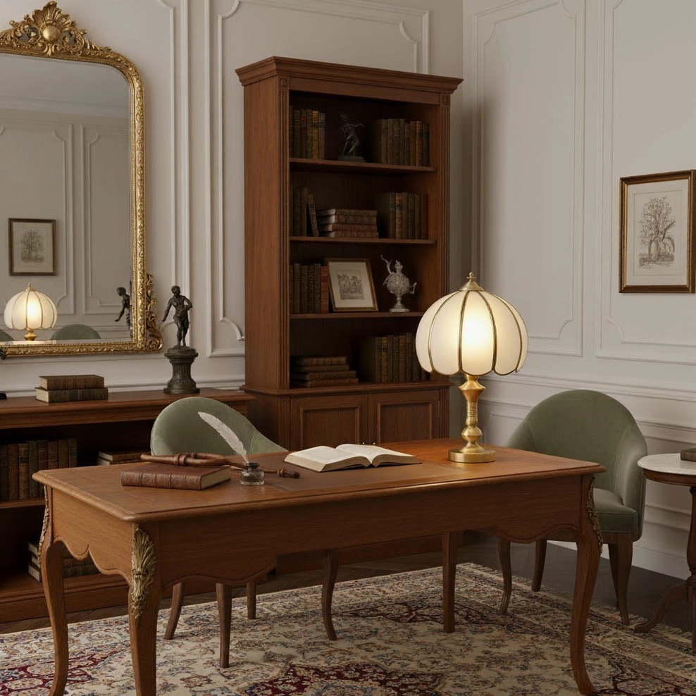 Brass table lamp in home office with green velvet chair and wooden bookshelf, vintage study room scene