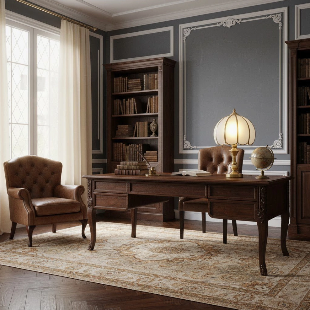 Brass table lamp in vintage study interior with leather armchair and patterned area rug, eye-level perspective