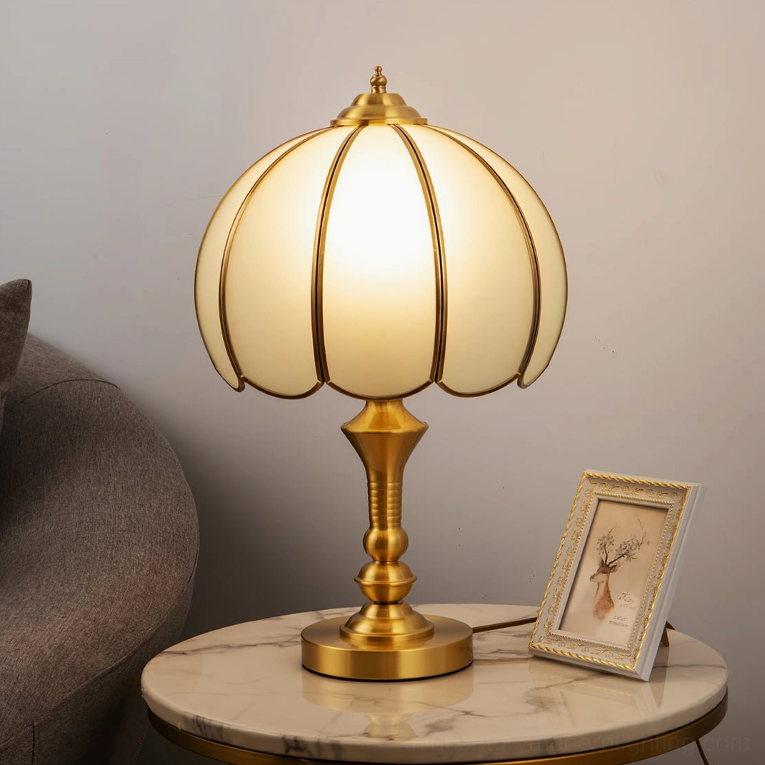 Brass table lamp placed on marble side table in warm vintage interior, eye-level perspective with warm ambient lighting