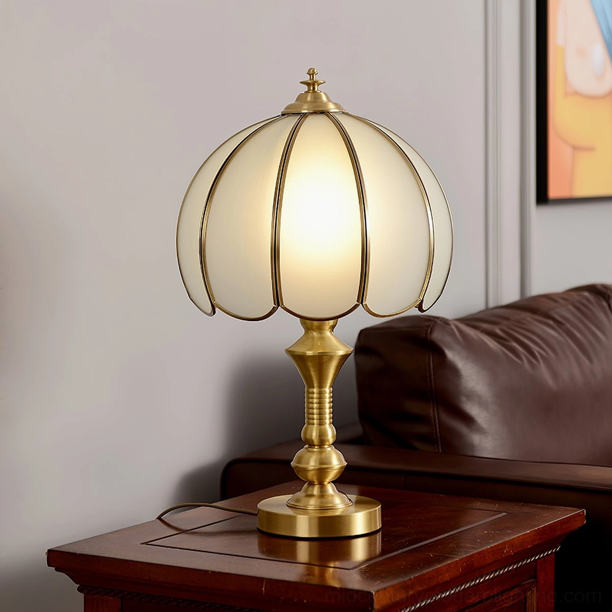 Brass table lamp paired with vintage furniture creating mid-century modern bedroom ambiance