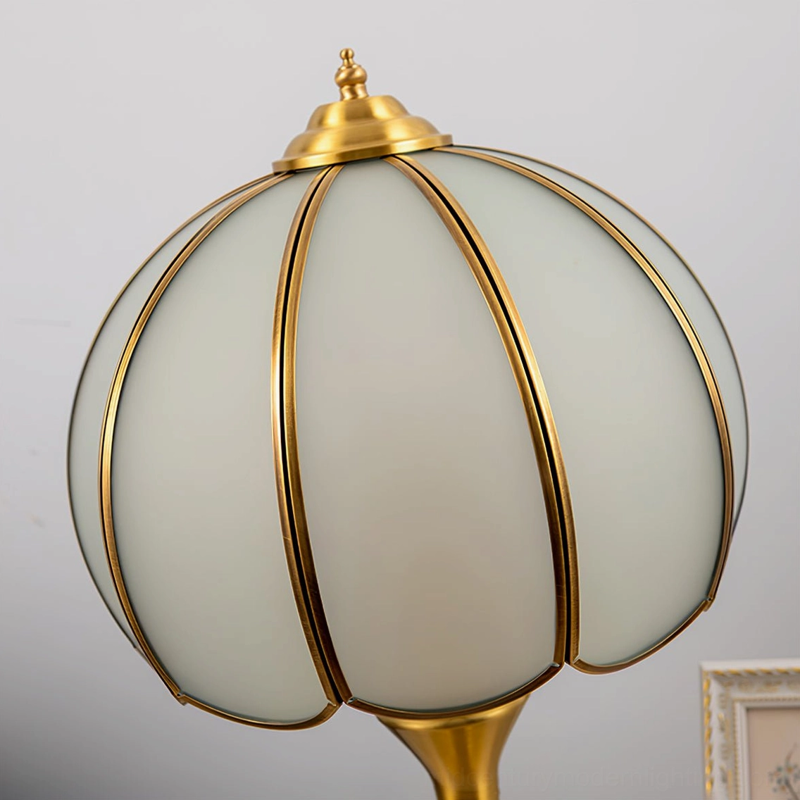 Brass table lamp full product shot with measurement scale showing diameter and height dimensions