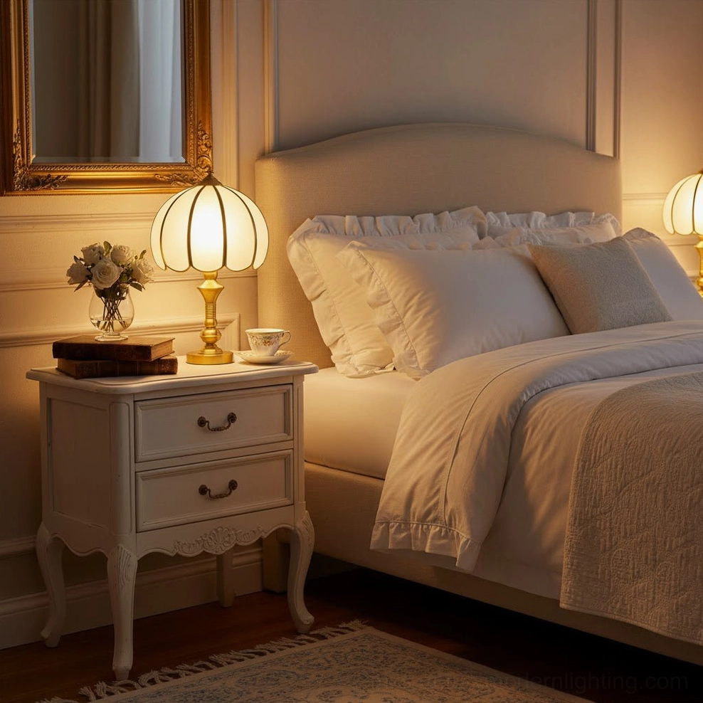 Brass table lamp on white carved wooden nightstand, warm bedroom lighting ambiance scene