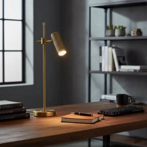 Brass swing-arm task lamp positioned on home office wooden desk with warm polished finish and focused desk lighting
