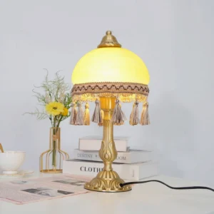 Lit brass tassel table lamp glowing on home tea table with books and flower vase decoration