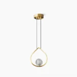 Brass teardrop pendant light with crystal glass shade, front view on white background