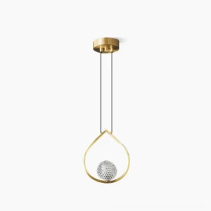 Brass teardrop pendant light with crystal glass shade, front view on white background