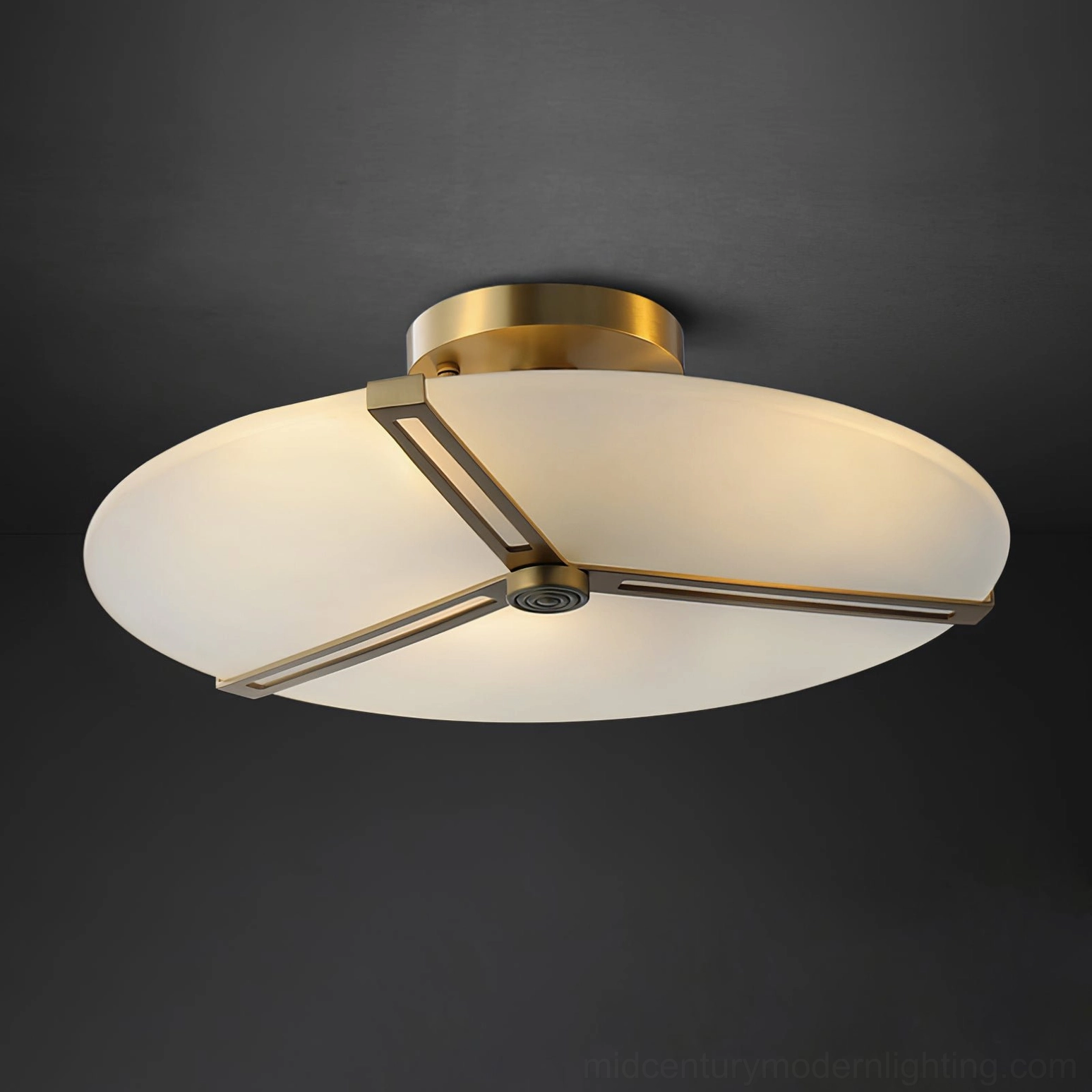 Brass triangular frame ceiling fixture with elegant white glass shade detail