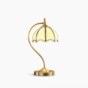 Brass umbrella table lamp with frosted glass shade - front view on white background