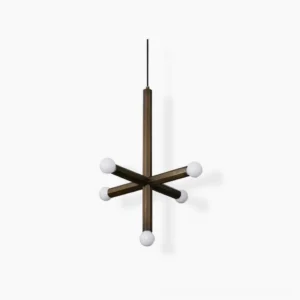 Aged brass union pendant lamp with geometric cross design, front view studio shot