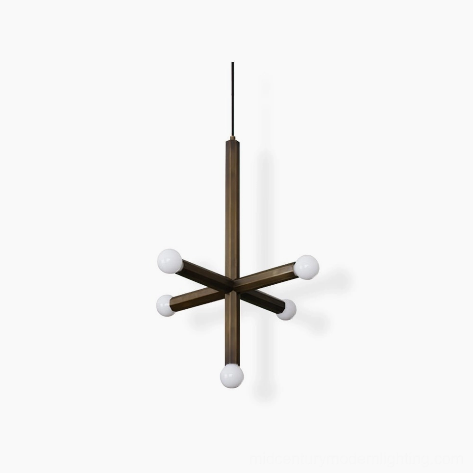 Aged brass union pendant lamp with geometric cross design, front view studio shot