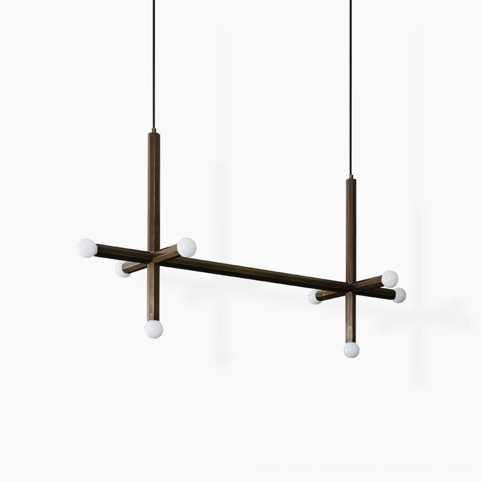 Two-head linear aged brass union pendant lamp configuration side view