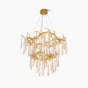 Brass waterfall chandelier with cascading crystal glass droplets, front studio view showcasing double-tier gold metal frame and teardrop glass pendants