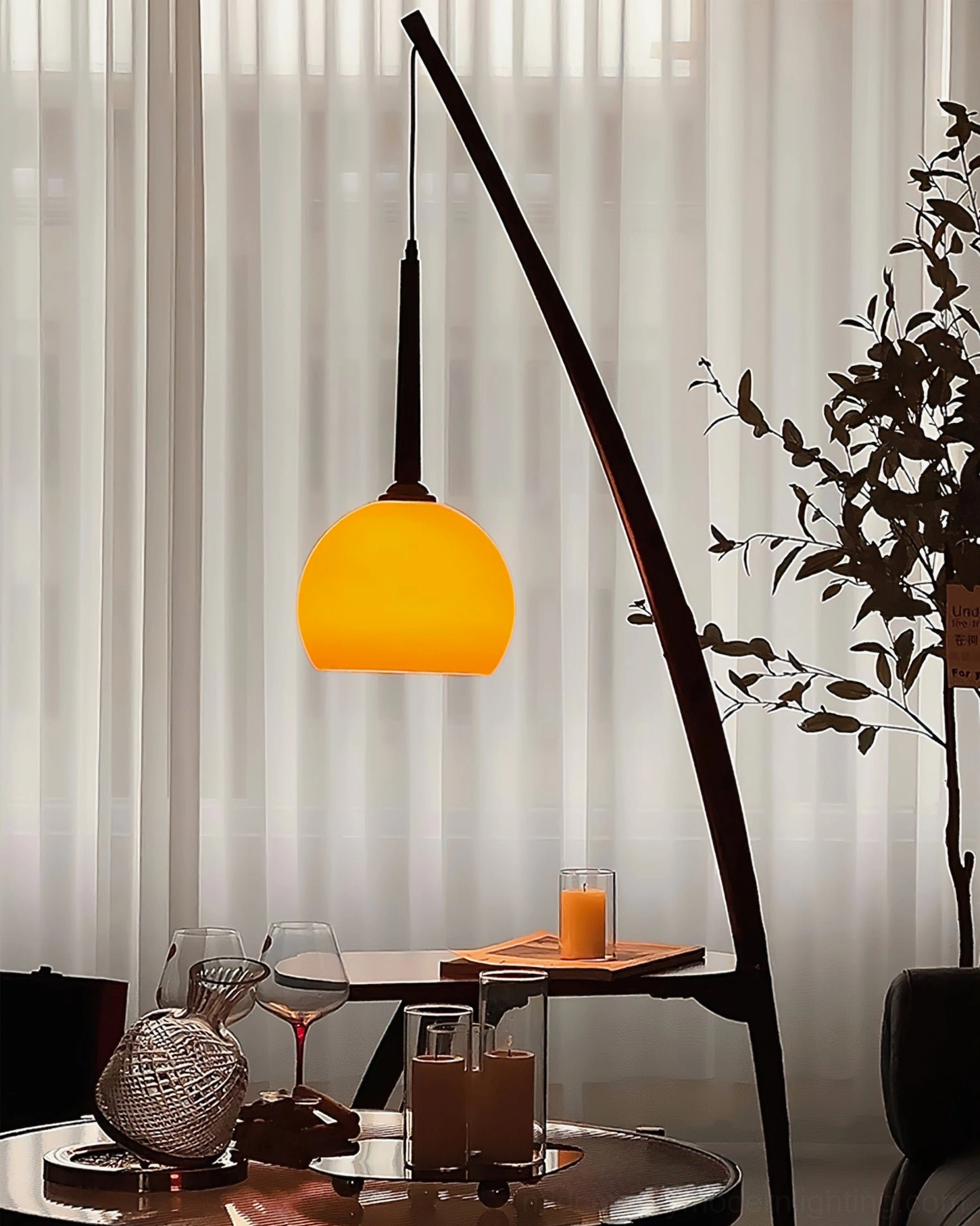 Arc floor lamp with side table, brass and wood construction, mid-century modern lighting design