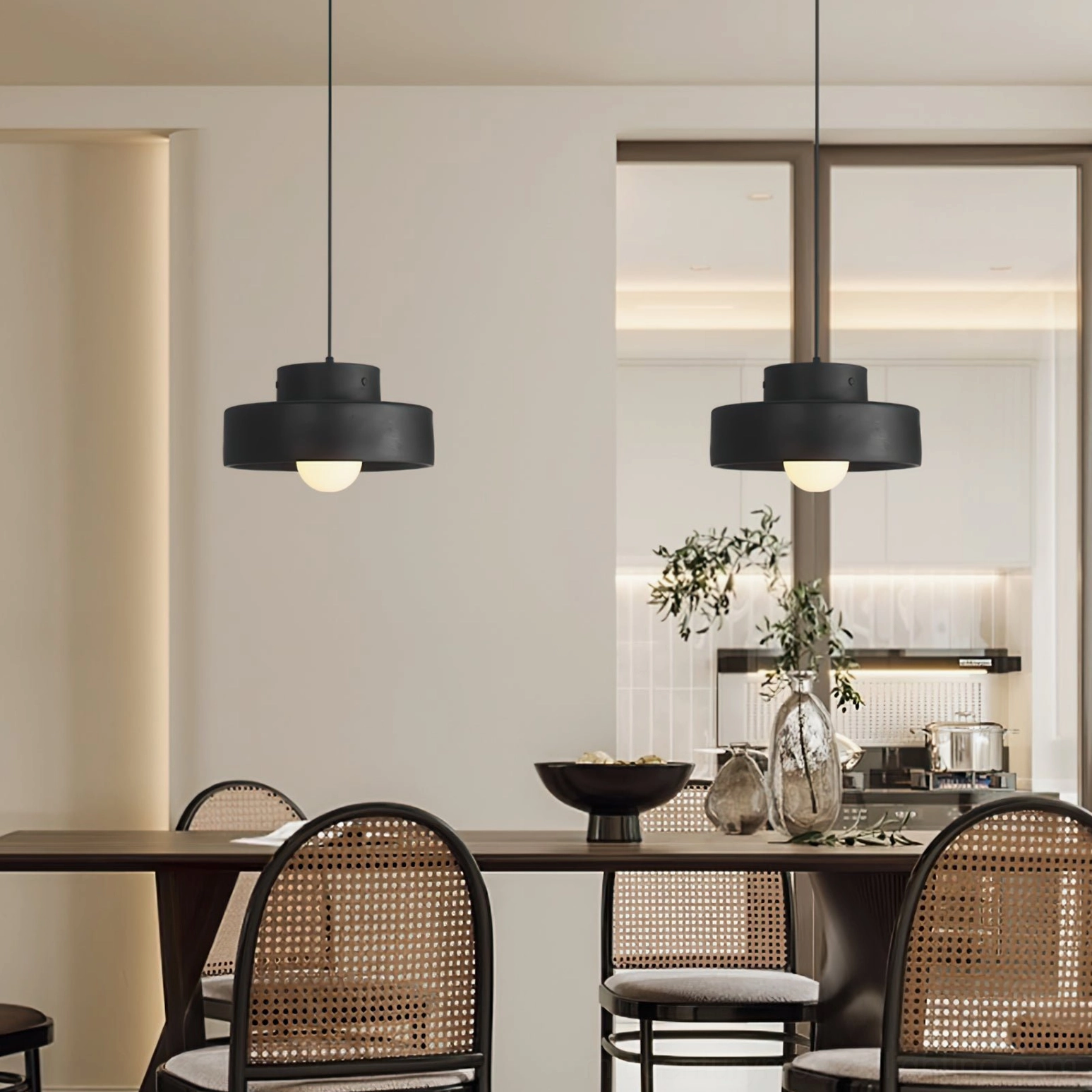 Bray black tiered pendant lamp modern dining room long table rattan chairs