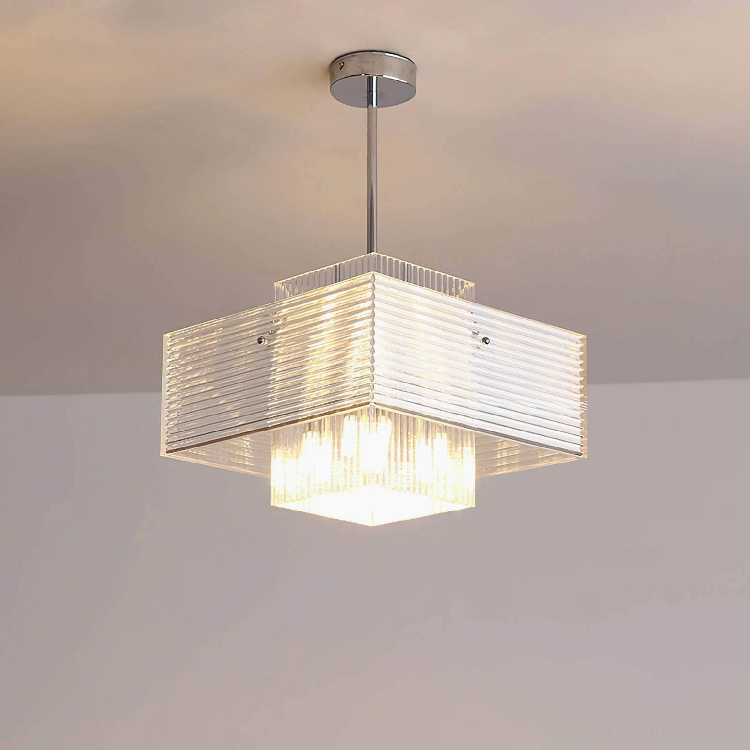 Overhead view of Brenna geometric glass chandelier with chrome mounting hardware