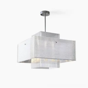 Brenna ribbed glass chandelier with layered square design and chrome accents, front studio view