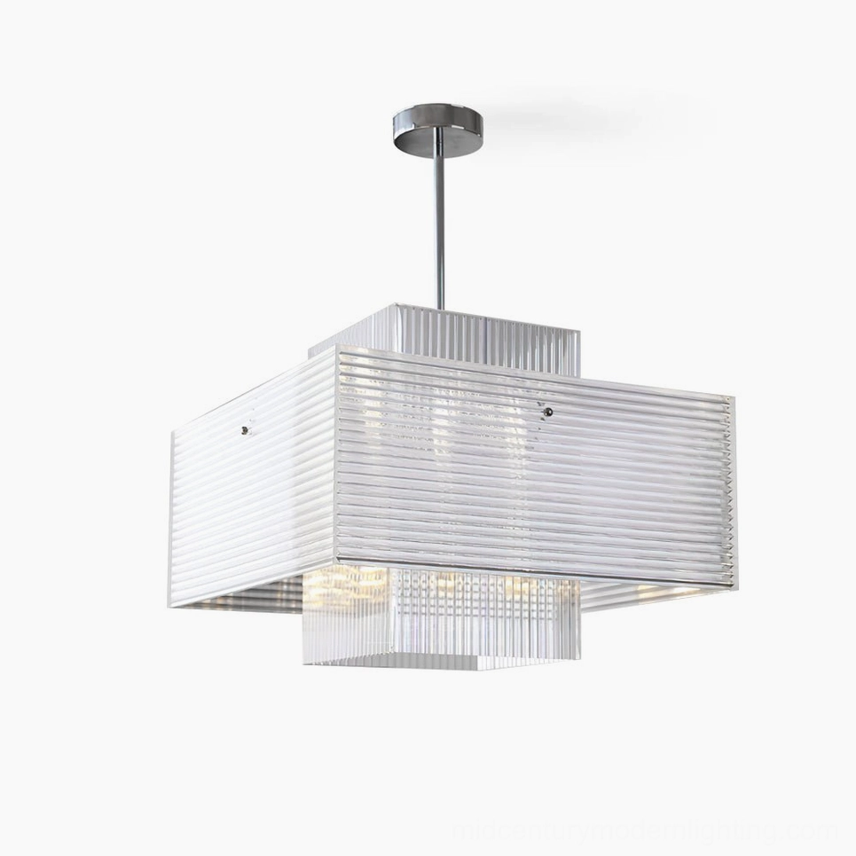 Brenna ribbed glass chandelier with layered square design and chrome accents, front studio view