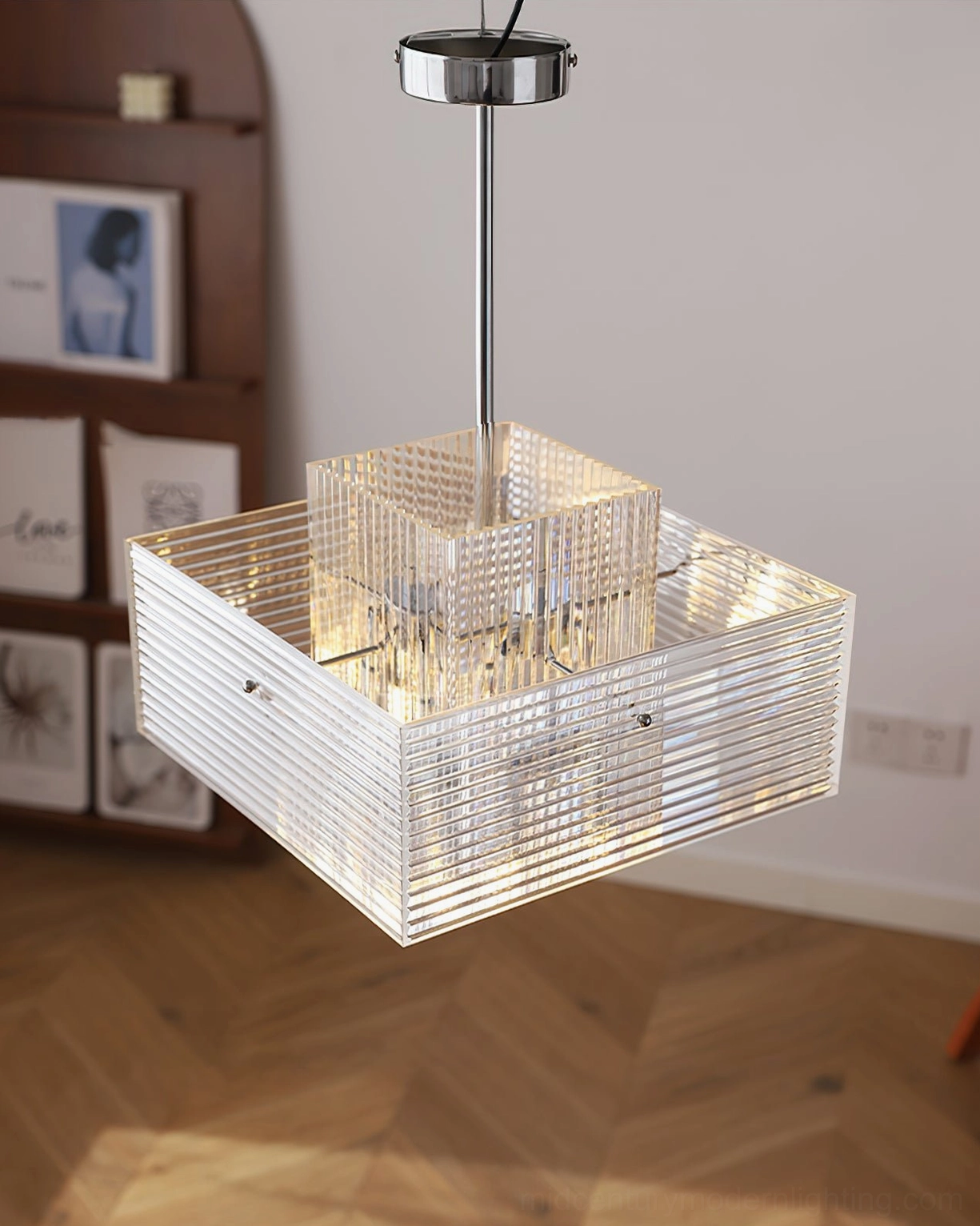 Double-layer Brenna ribbed glass chandelier low angle view with exposed bulb base and wood flooring
