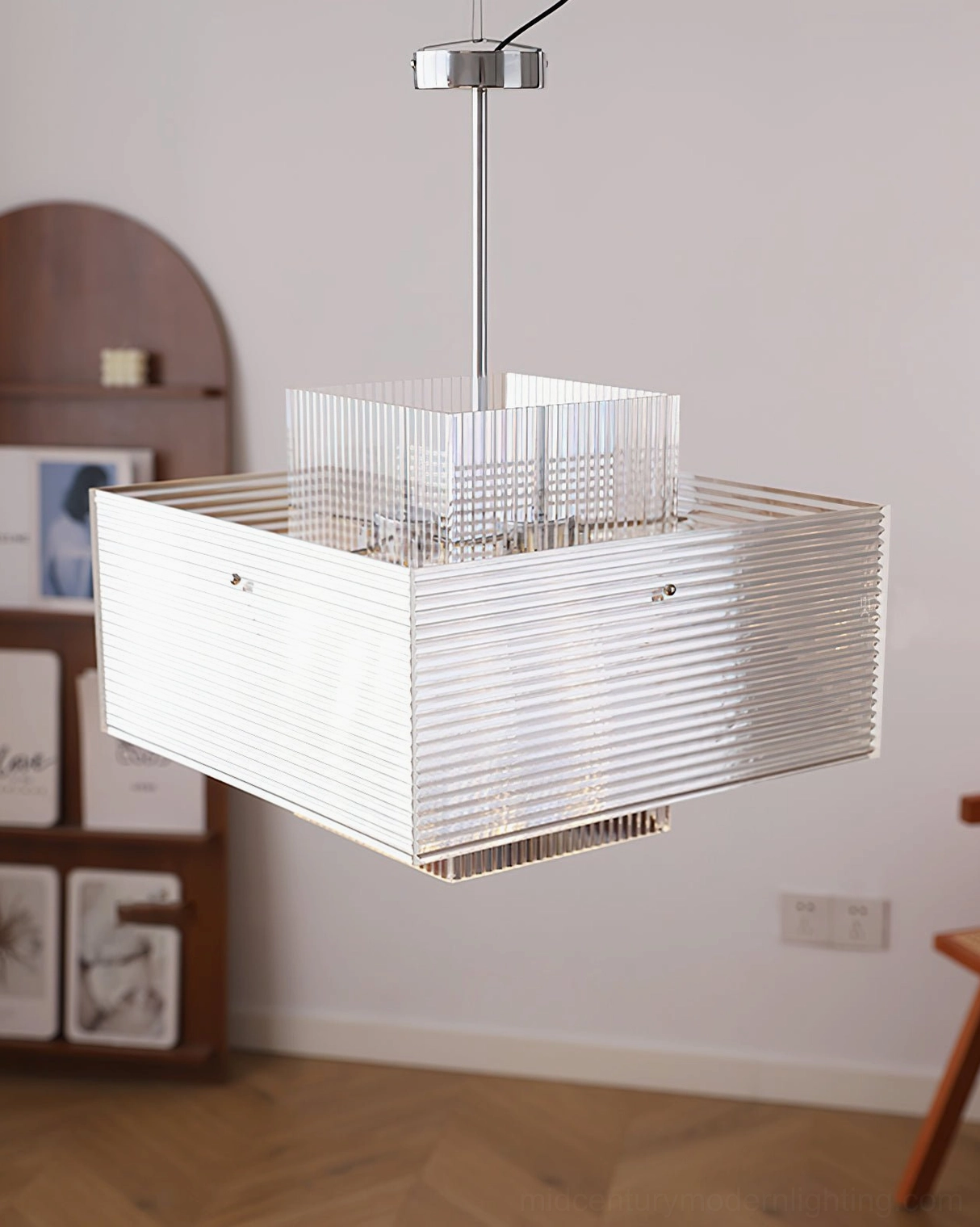 Double-layer square fluted glass Brenna chandelier low angle front view with wood-floor room setting