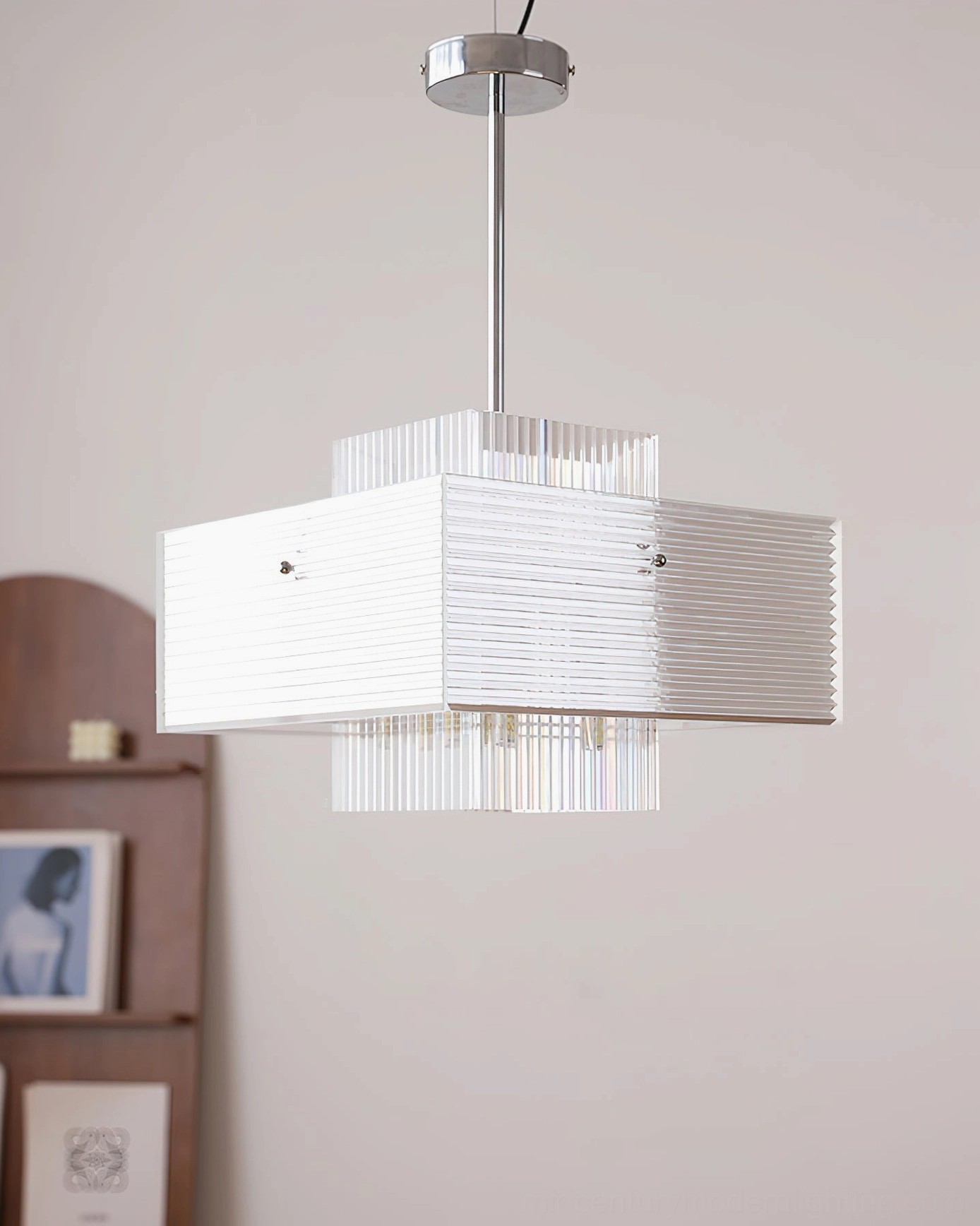 Brenna fluted glass pendant three-quarter view in modern hallway with wooden wall shelving