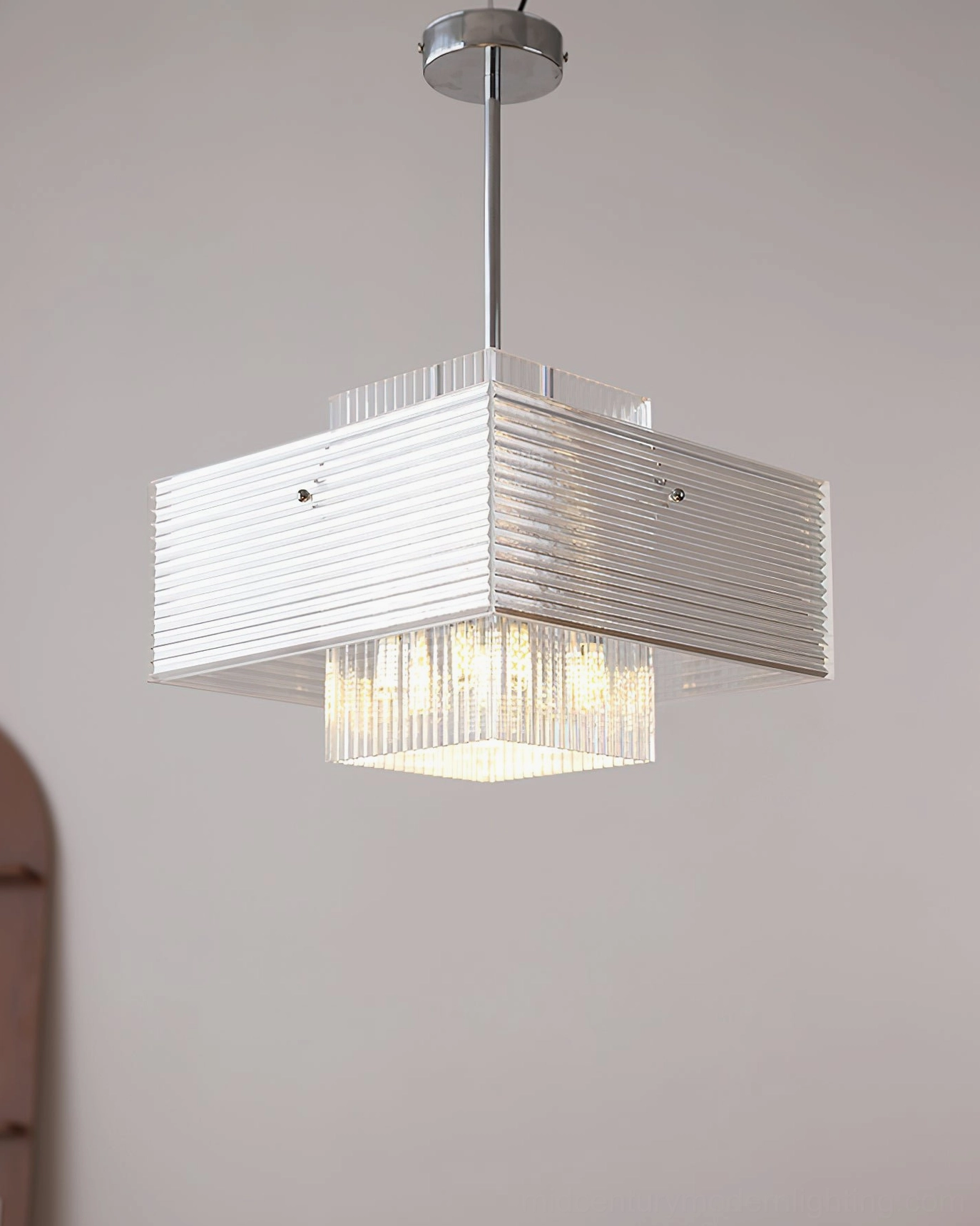 Brenna geometric glass pendant chandelier with tiered glass diffuser and polished chrome finish
