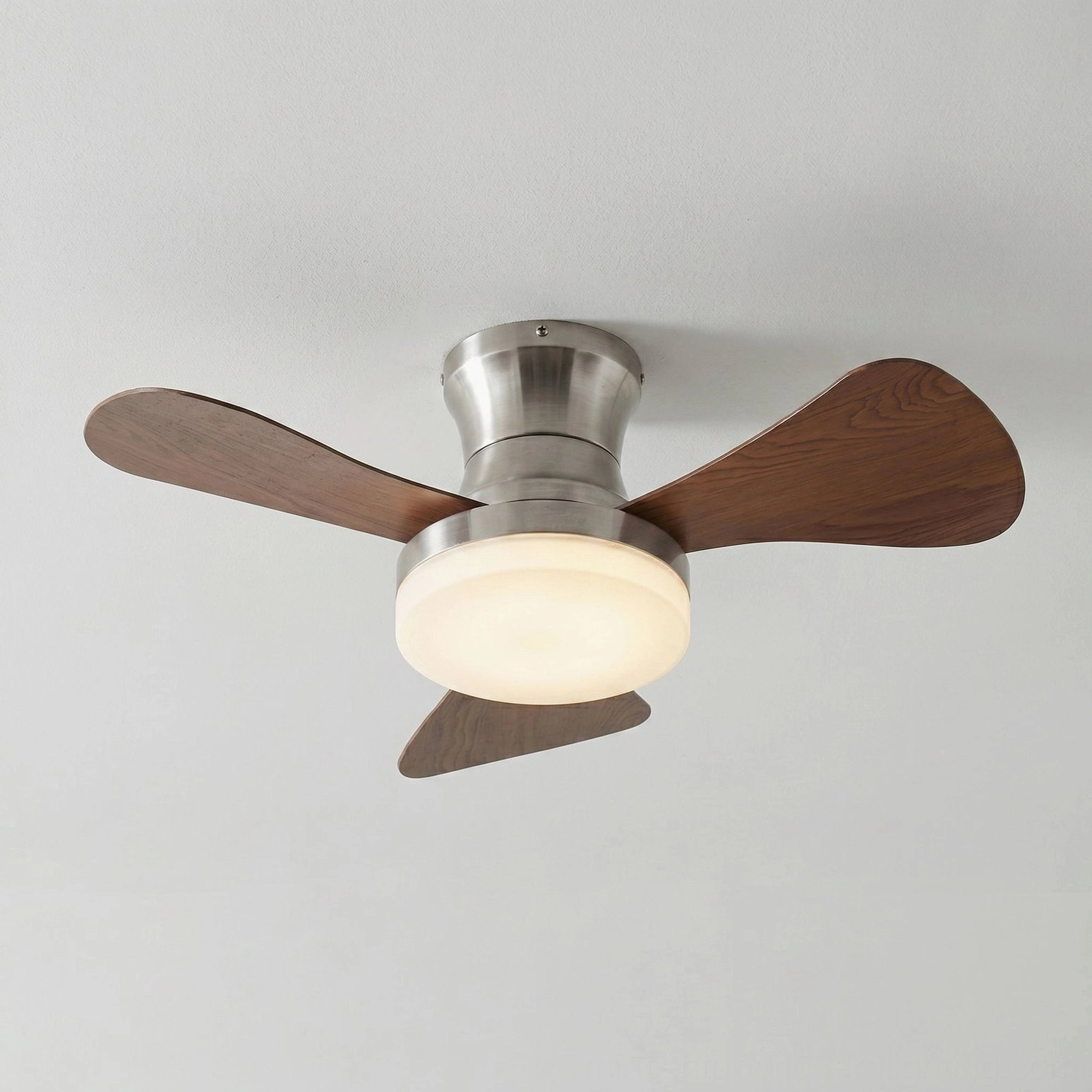 Brennan flush mount ceiling fan with brushed nickel motor and walnut-grain blade construction