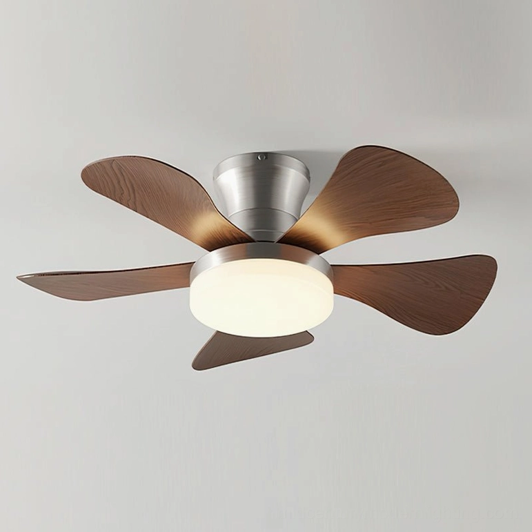 Brennan flush mount ceiling fan with brushed nickel finish and walnut-grain blades