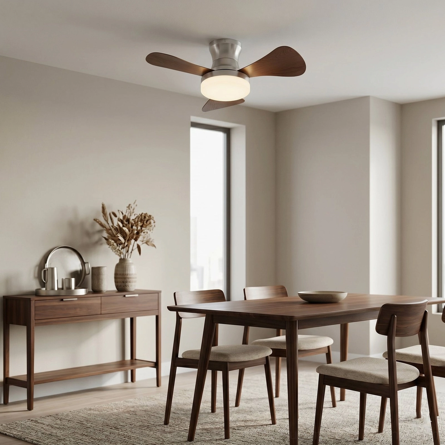 Brennan DC motor ceiling fan with integrated lighting in warm minimalist dining room with wooden dining set