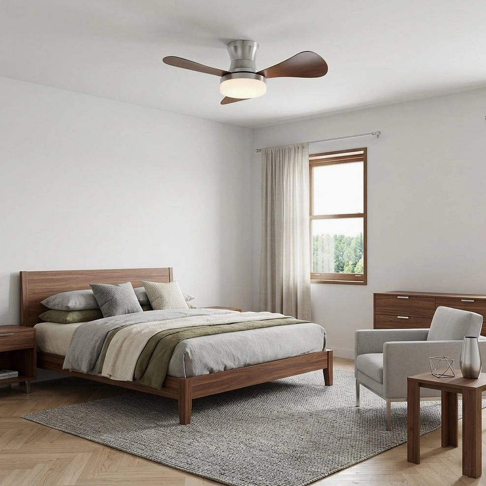 Brennan ceiling fan with warm white LED in neutral-toned master bedroom with wooden platform bed
