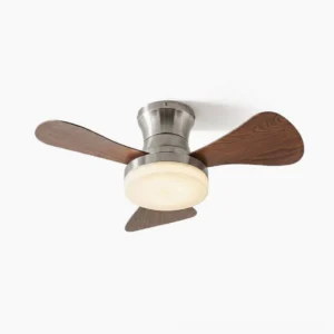 Brennan flush mount ceiling fan light with walnut-grain blades and brushed nickel finish, studio overhead close-up view