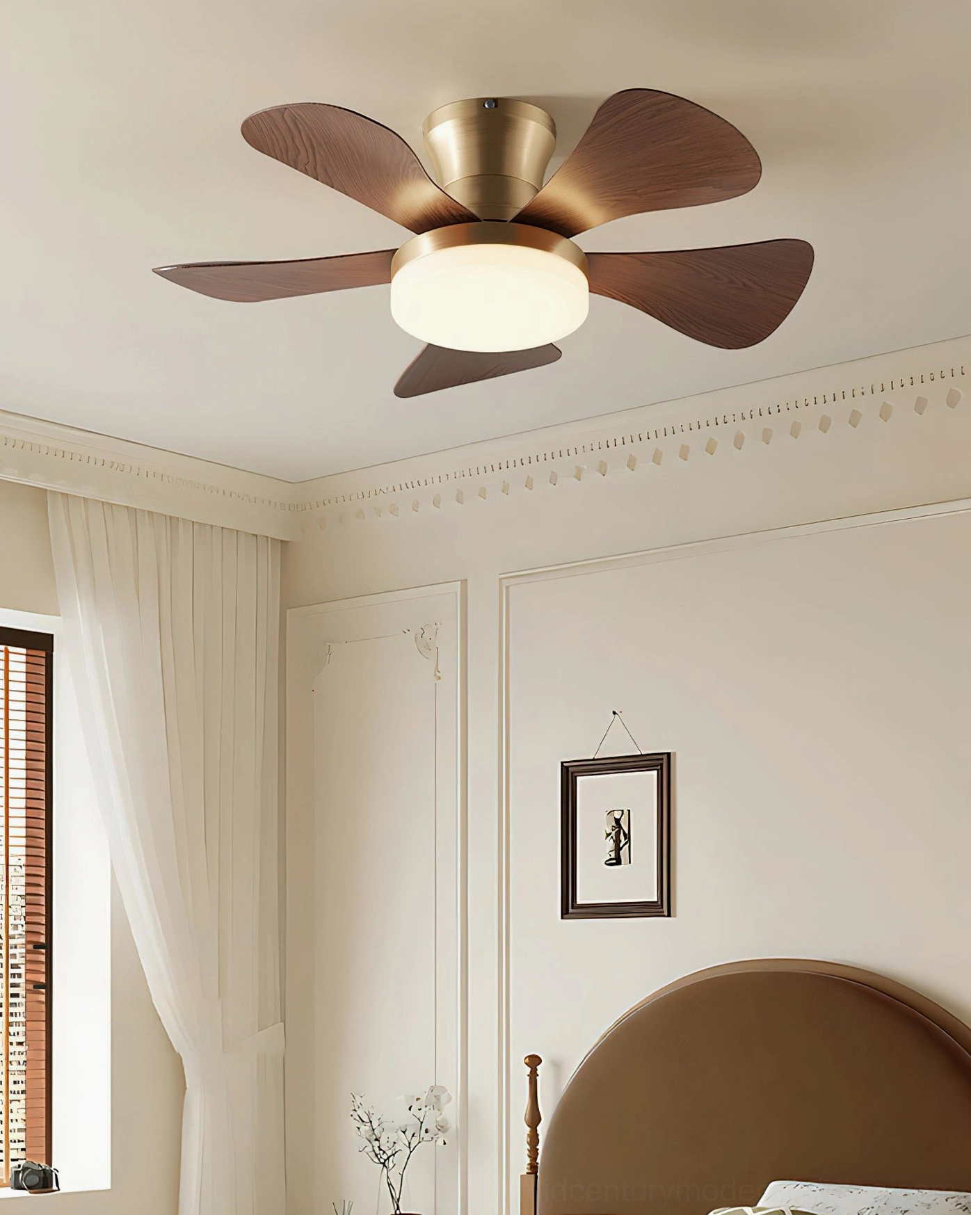 Brennan low-profile ceiling fan with remote control integrated LED light in modern home setting