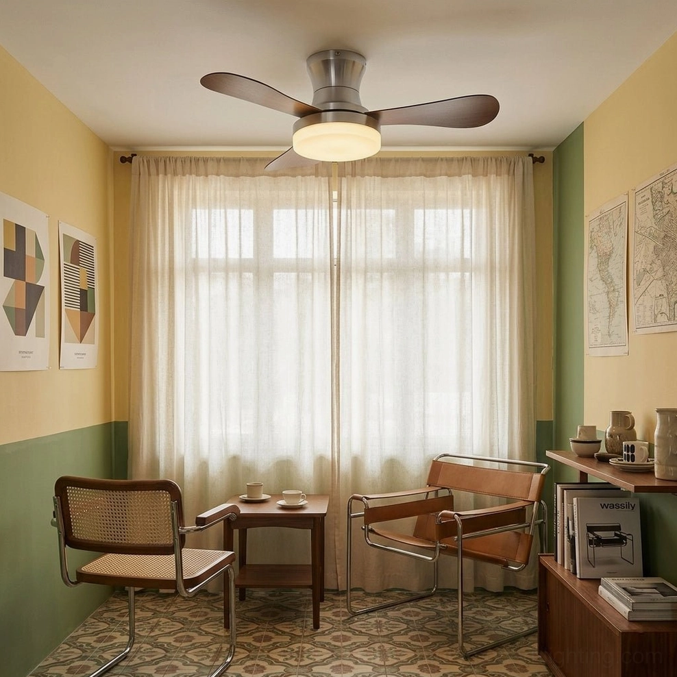 Brennan DC motor ceiling fan light in retro dual-use bedroom dining space with sheer window drapes