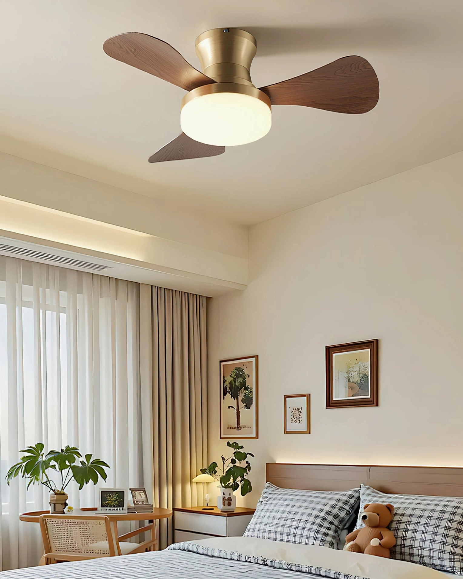 Brennan flush mount ceiling fan light fixture in contemporary entryway hallway with clean architectural design