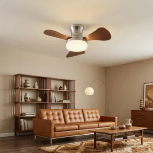 Brennan low-profile ceiling fan with integrated LED light in mid-century modern living room, warm ambient lighting