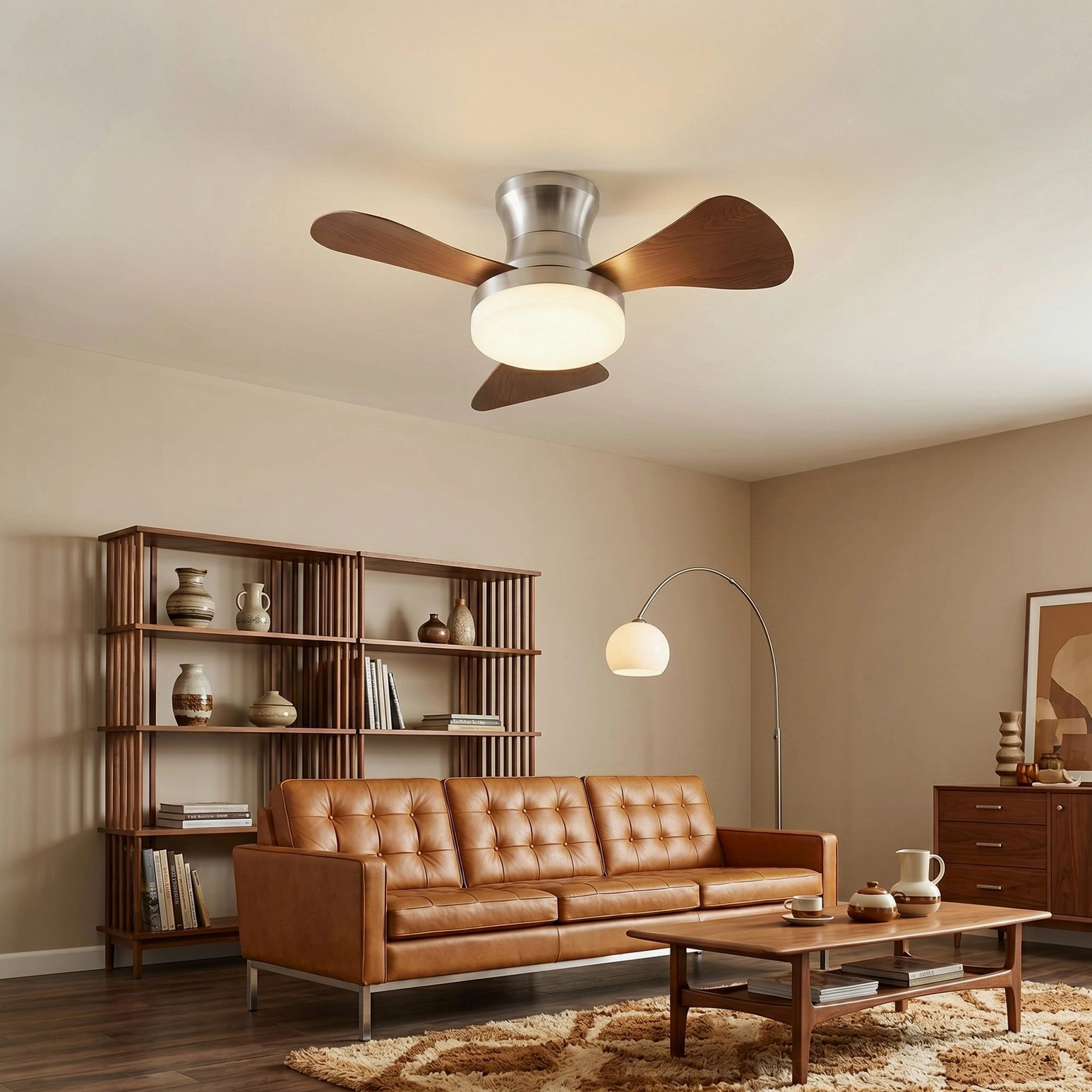 Brennan low-profile ceiling fan with integrated LED light in mid-century modern living room, warm ambient lighting