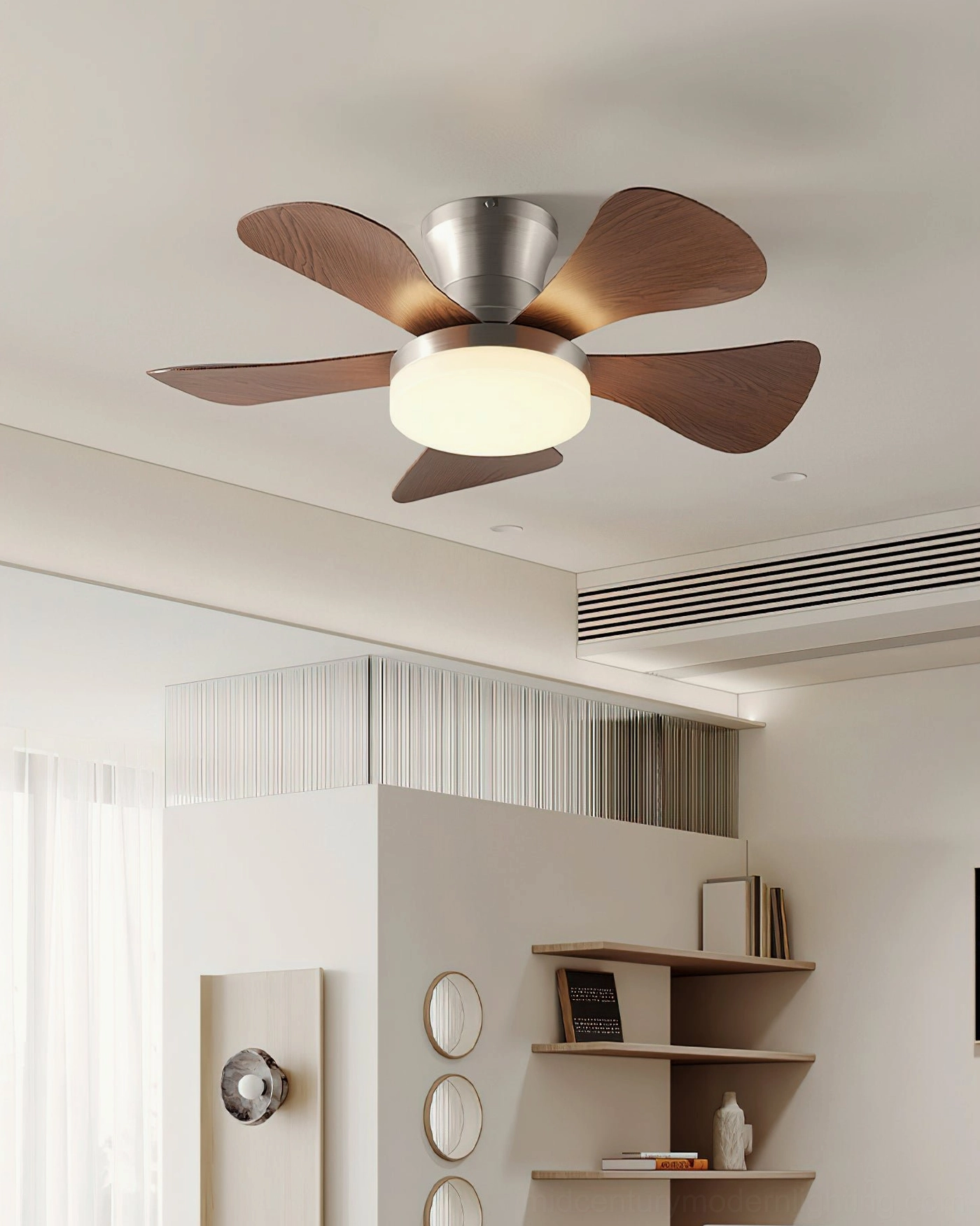 Brennan 4-blade ceiling fan light with walnut color blades and brushed silver motor, overhead close-up detail shot