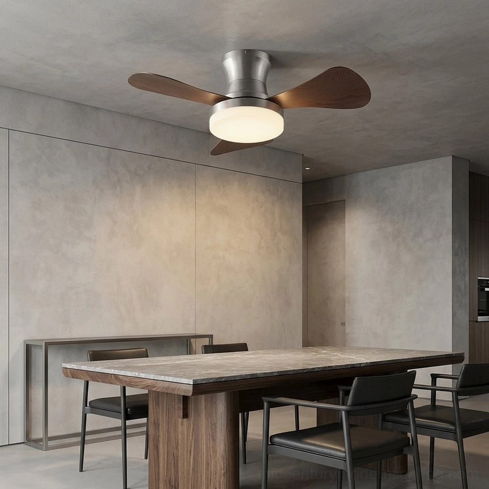 Brennan integrated LED ceiling fan light in modern concrete dining room with dark upholstered chairs