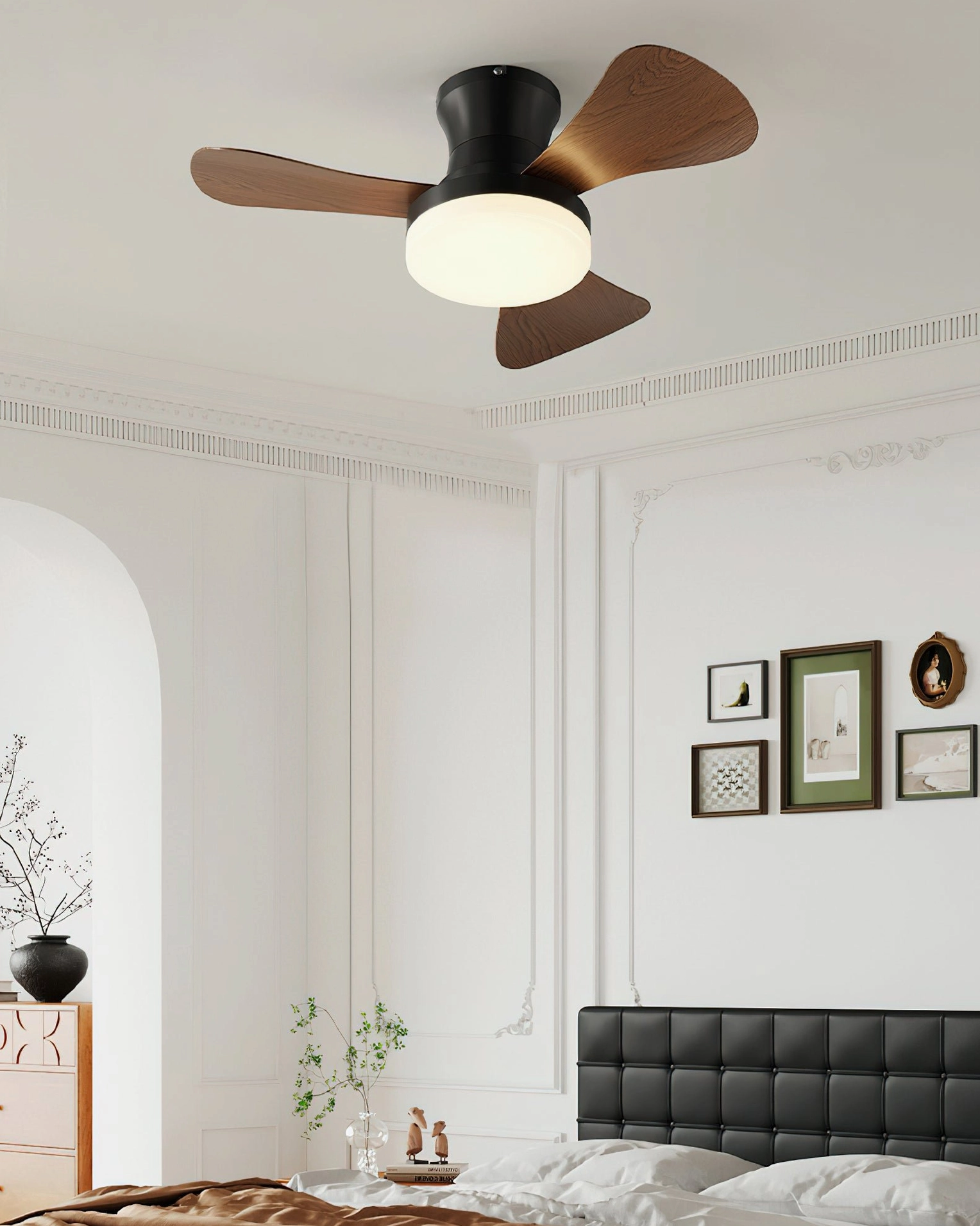 Brennan flush mount ceiling fan with warm white 36W LED light module, close-up of integrated lighting