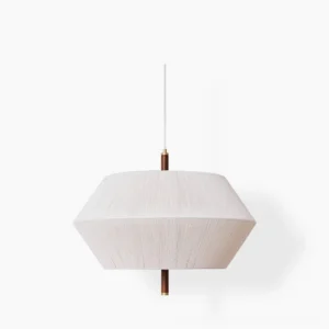 Brera hexagonal hemp pendant lamp with beige woven shade and walnut wood accent, displayed in minimalist studio setting