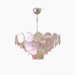 Brette iridescent glass disk chandelier studio overhead view showing cascading pink and blue tinted glass discs with polished chrome suspension
