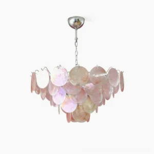 Brette iridescent glass disk chandelier studio overhead view showing cascading pink and blue tinted glass discs with polished chrome suspension