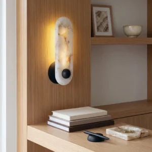 Breuer alabaster wall sconce three quarter angle wooden shelf luxury interior design mid-century modern