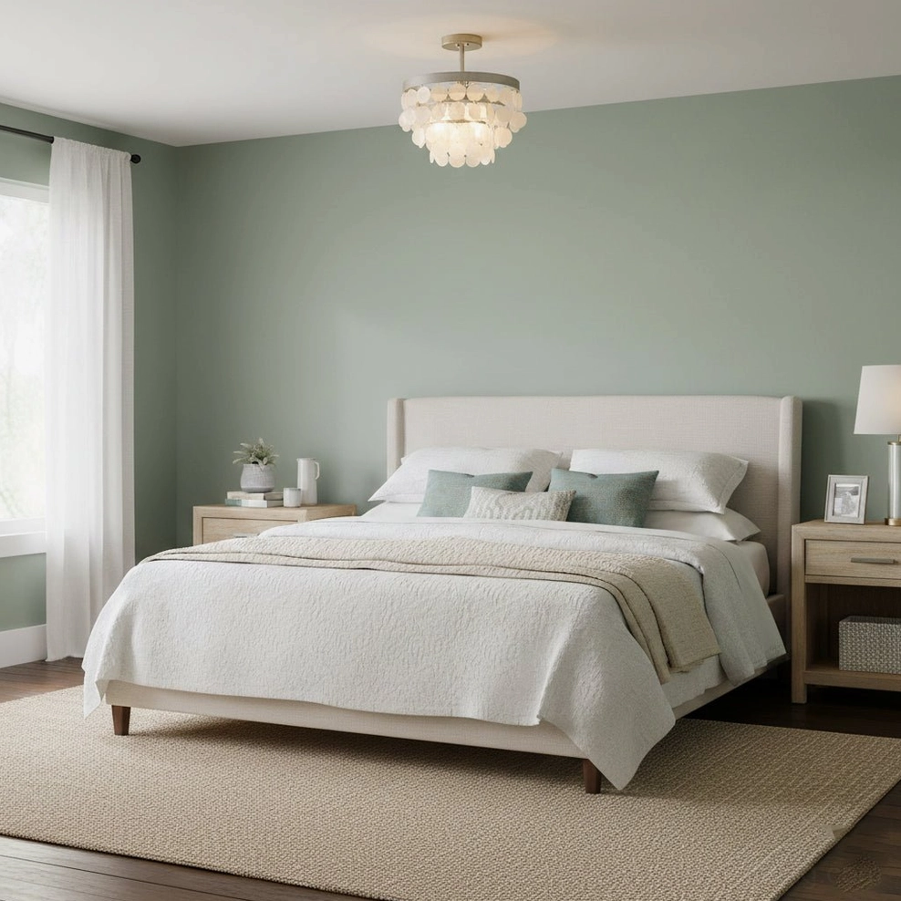 Brielle ceiling lamp in master bedroom with sage green walls providing soft warm ambient bedroom lighting