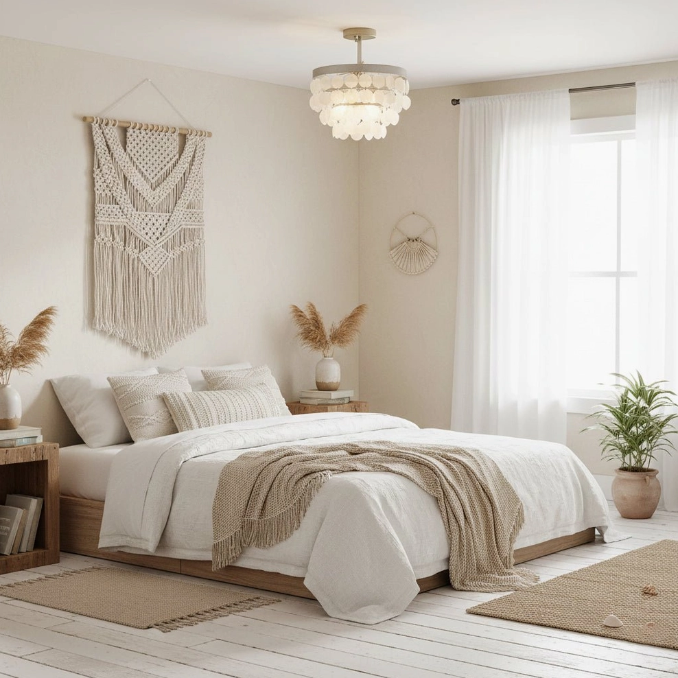 Boho ceiling lamp with capiz shell shade in bedroom with macramé wall hanging and natural warm palette