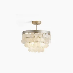 Brielle capiz shell semi-flush ceiling lamp top view with pure white background, coastal luxury lighting fixture